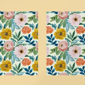 May include: A seamless pattern featuring watercolor flowers in shades of pink, yellow, orange, and green on a white background.
