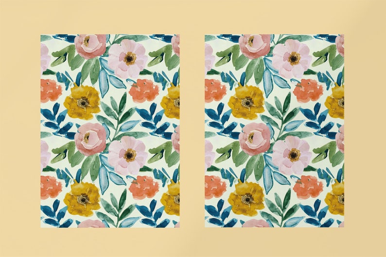 May include: A seamless pattern featuring watercolor flowers in shades of pink, yellow, orange, and green on a white background.
