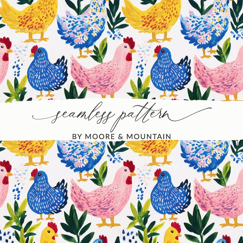 Seamless Chickens Digital Paper, Colorful Farmhouse Digital Pattern ...