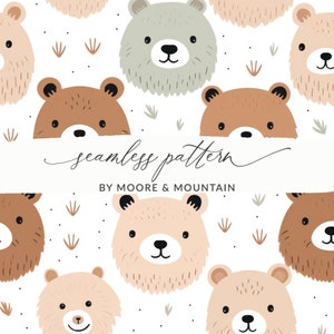 May include: A seamless pattern featuring brown, beige, and gray bear faces with a white background. The text "seamless pattern" and "BY MOORE & MOUNTAIN" is included in the design.