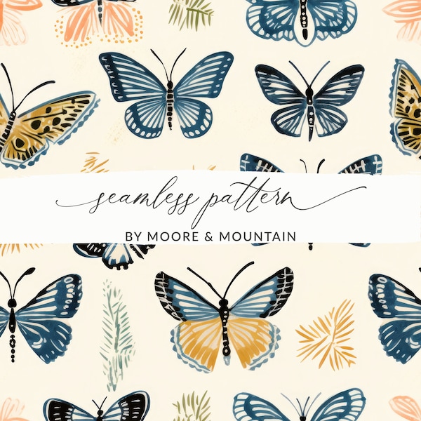 Boho Butterflies Background, Digital Boho Butterfly Pattern, Modern Butterflies Seamless Pattern for Commercial Use Butterfly Wallpaper
