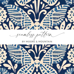 May include: A seamless pattern featuring a blue and white butterfly design. The pattern is reminiscent of traditional Mexican tilework. The text "seamless pattern by Moore & Mountain" is displayed on a white banner.