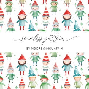 May include: A seamless pattern featuring watercolour illustrations of gnomes wearing red, green and blue hats. The gnomes are surrounded by green trees and red and blue hats. The text "seamless pattern" and "BY MOORE & MOUNTAIN" is included in the image.