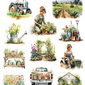 May include: A watercolor illustration of a garden scene with a tractor, a woman tending to plants, a greenhouse, a truck bed full of flowers, and a garden archway.