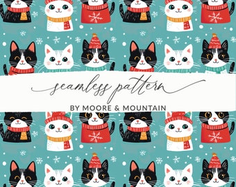 Patrón de fondo sin costuras con gatos navideños Patrón divertido de gatitos de invierno navideños