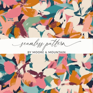 Pode incluir: Padrão floral abstrato sem costura com pinceladas rosa, laranja, branco, turquesa e bordô sobre um fundo azul escuro. O texto "seamless pattern" e "by Moore & Mountain" é exibido em uma faixa branca.