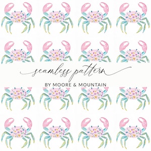 Può includere: Un motivo senza cuciture con granchi ad acquerello con chele rosa, zampe azzurre e corpi pieni di fiori colorati. È visibile anche il testo "seamless pattern" e "BY MOORE & MOUNTAIN".