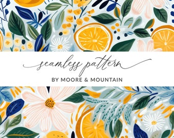Seamless Citrus and Flowers Pattern, Modern Oranges Pattern, Orange Slices Seamless Background, Cute Clementine Seamless Background
