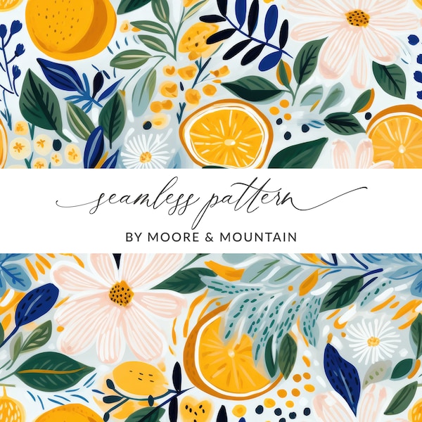 Seamless Citrus and Flowers Pattern, Modern Oranges Pattern, Orange Slices Seamless Background, Cute Clementine Seamless Background