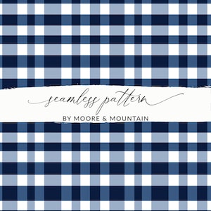 May include: A seamless pattern featuring a blue and white gingham design. The pattern is repeated throughout the image. The text "seamless pattern" and "BY MOORE & MOUNTAIN" is written in black on a white background.
