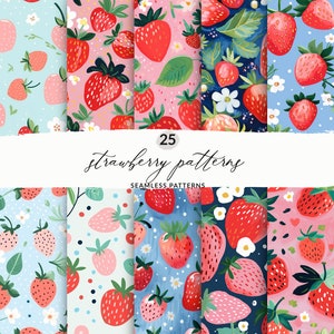 May include: 25 digital seamless patterns featuring strawberries in various colours and styles. The patterns include pink, blue, and white backgrounds with different designs, such as polka dots, flowers, and leaves.