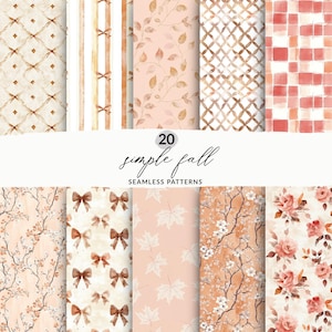 May include: A selection of 20 simple fall seamless patterns. The designs include bows, leaves, floral arrangements, and geometric shapes. The colour palette features beige, brown, and peach tones, creating a warm and inviting aesthetic. The text reads 'simple fall'.