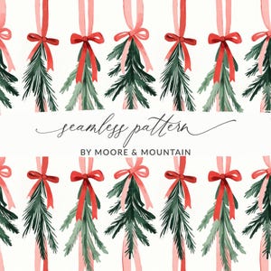 K&ouml;nnte beinhalten: Ein nahtloses Muster mit Aquarell-Illustrationen von rosa Schleifen mit gr&uuml;nen Kiefern&auml;sten, die an den Schleifen h&auml;ngen. Das Muster wiederholt sich &uuml;ber das gesamte Bild. Der Text "seamless pattern" und "BY MOORE & MOUNTAIN" ist im Bild enthalten.