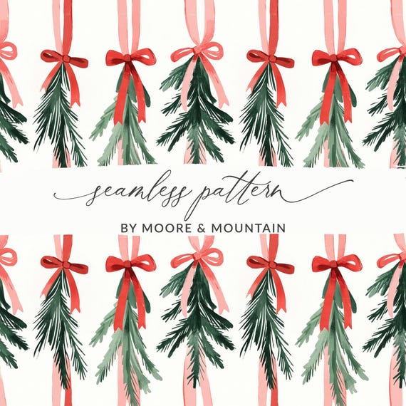 Coquette Christmas Garland Seamless Background Pattern PNG Mistletoe Seamless Background Pattern Christmas Ribbon
