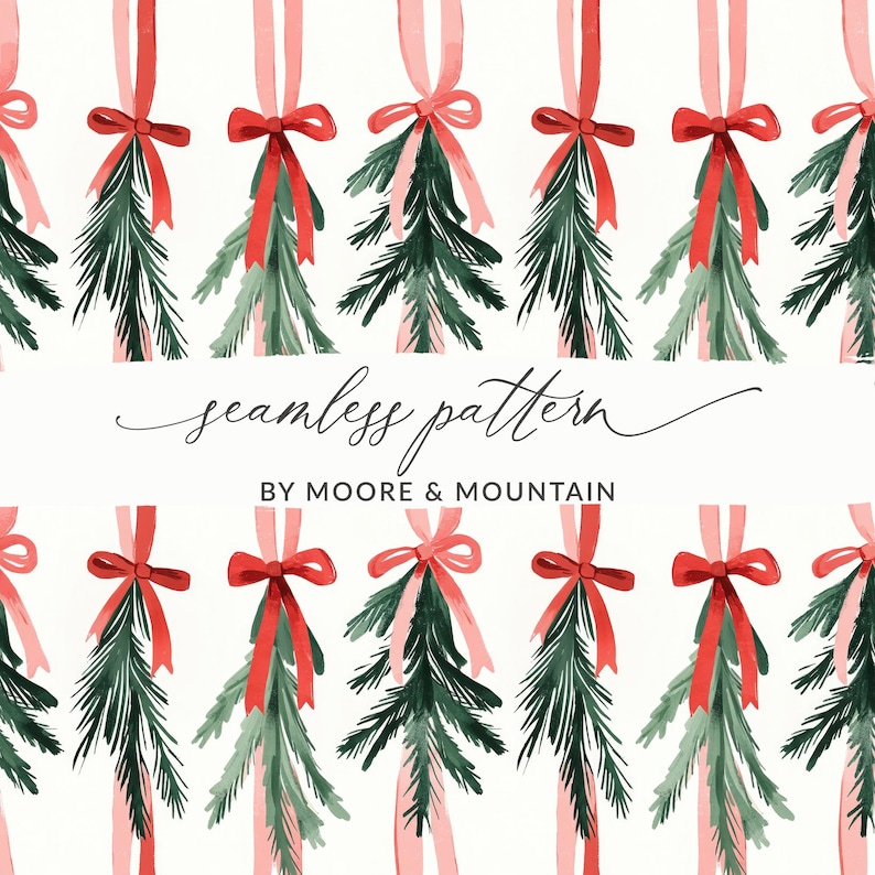 K&ouml;nnte beinhalten: Ein nahtloses Muster mit Aquarell-Illustrationen von rosa Schleifen mit gr&uuml;nen Kiefern&auml;sten, die an den Schleifen h&auml;ngen. Das Muster wiederholt sich &uuml;ber das gesamte Bild. Der Text "seamless pattern" und "BY MOORE & MOUNTAIN" ist im Bild enthalten.