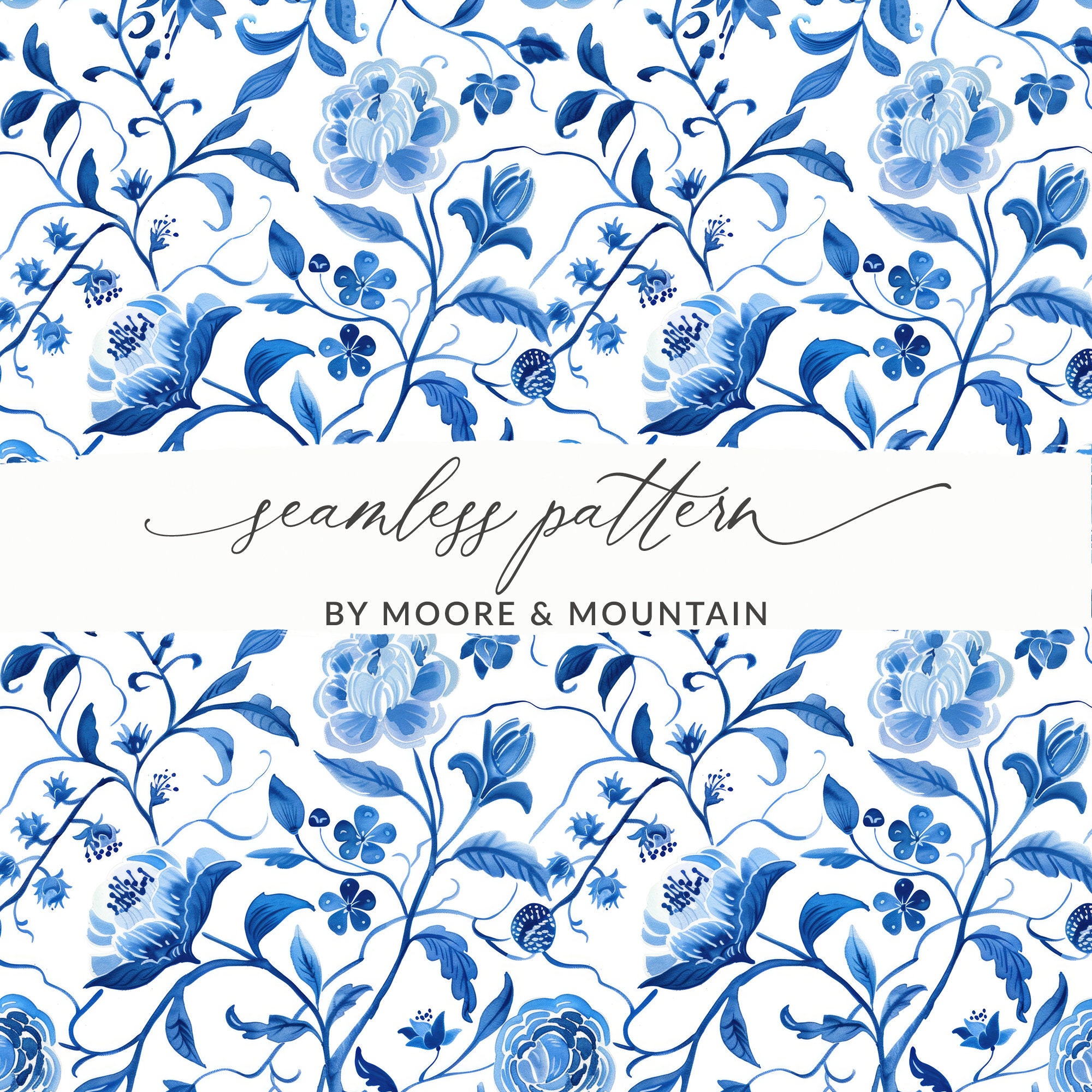 Elegant Painted Chinoiserie Seamless Background, Blue Chinese