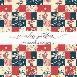 Puede incluir: Un patrón sin costuras con un diseño de patchwork en rojo, azul marino y crema. Los cuadrados contienen motivos florales y de estrellas. Se muestra el texto "seamless pattern" y "BY MOORE & MOUNTAIN".