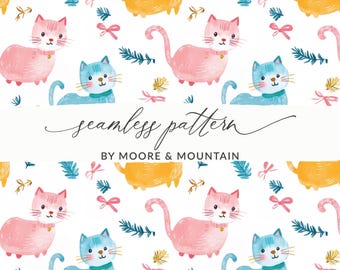 Söta katter digitalt mönster, sömlösa kattungar upprepar, akvarell kattungedesign, barnrumsinredning, tygdesign, kattälskare gåva, digital nedladdning