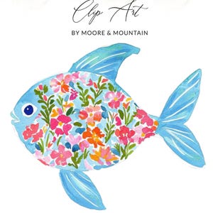 Blue fish with floral pattern, "Clip Art by Moore & Mountain" text.
