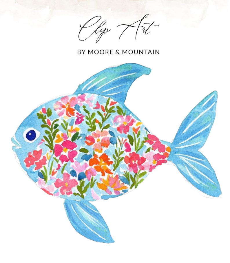 Blue fish with floral pattern, "Clip Art by Moore & Mountain" text.