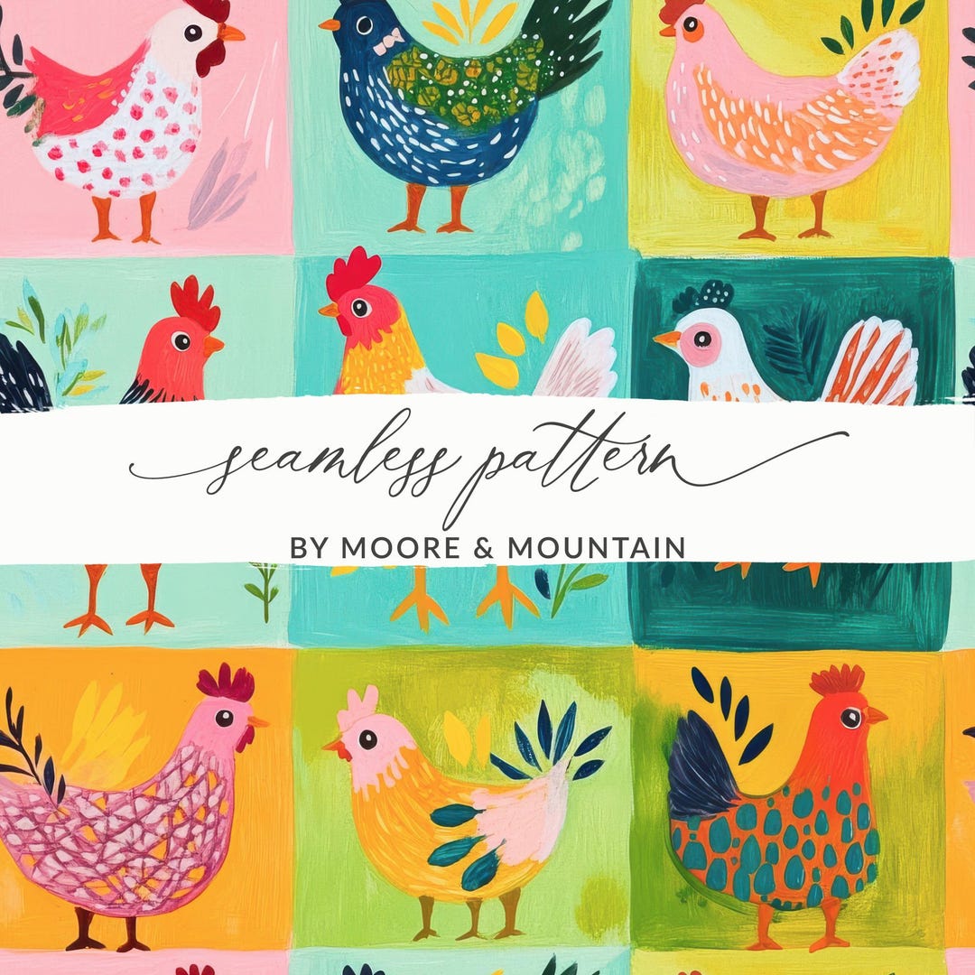 Colorful Chicken Digital Paper, Cute Rooster Seamless Pattern, Quirky ...