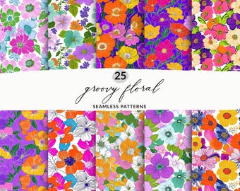 Retro Floral Seamless Digital Paper, Groovy 70s Patterns, 1960s Vintage Big Blooms Patterns, Seamless Groovy Flower Power JPG