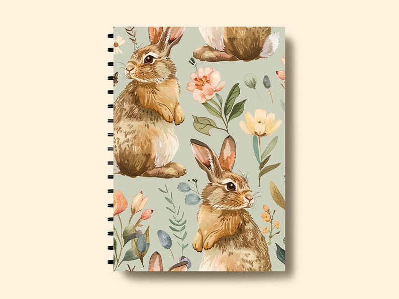 May include: A spiral bound notebook with a green cover featuring a repeating pattern of brown rabbits and watercolor flowers.