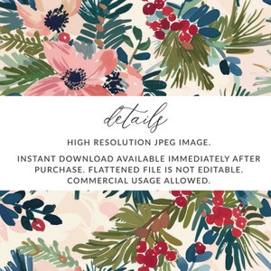 May include: A digital download of a high-resolution floral pattern featuring pink flowers, green leaves, and red berries. The pattern is perfect for creating digital or printed products.