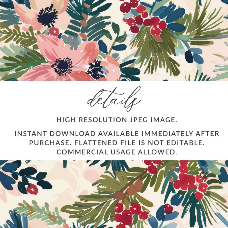 May include: A digital download of a high-resolution floral pattern featuring pink flowers, green leaves, and red berries. The pattern is perfect for creating digital or printed products.