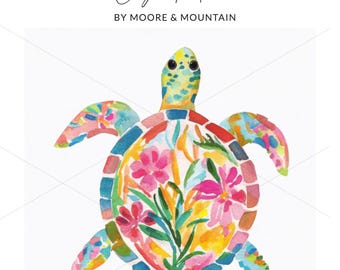 Preppy Tropical Sea Turtle Clipart, Colorful Watercolor Turtle PNG, Floral Sea Life Digital Art, Preppy Sticker Design, Summer Animal