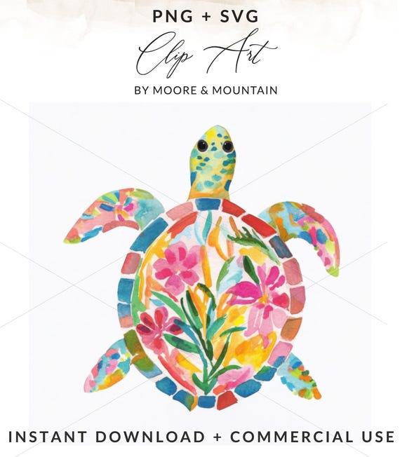 Preppy Tropical Sea Turtle Clipart, Colorful Watercolor Turtle PNG, Floral Sea Life Digital Art, Preppy Sticker Design, Summer Animal