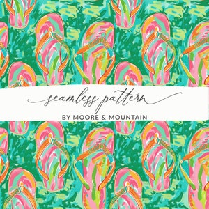May include: A seamless pattern featuring pink, orange, and green flip-flops on a teal background. The pattern is titled "seamless pattern by Moore & Mountain".