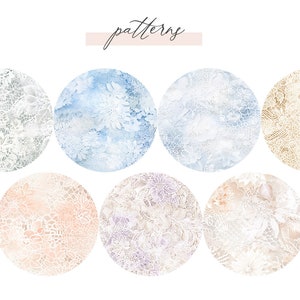 May include: A set of eight watercolour patterns featuring delicate lace designs in various colours, including blue, grey, beige, and purple. The patterns are arranged in a circle and the word "patterns" is written above them.