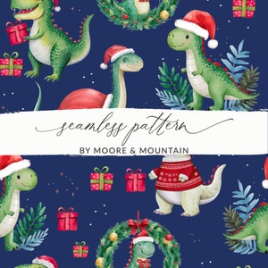 Puede incluir: Un patrón sin costuras con ilustraciones de acuarela de dinosaurios con gorros de Papá Noel y sosteniendo regalos. El fondo es de color azul oscuro con copos de nieve blancos. El patrón es perfecto para manualidades y proyectos navideños.