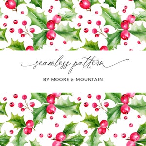 Watercolor Christmas Holly and Berries Seamless Pattern, Pink Holly Berries Pattern, Seamless Holly Berry Pattern, Winter Berry Pattern