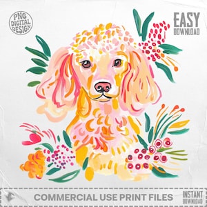 Cute Puppy Illustration Instant Download, Hand Painted Dog Art Print, Floral Puppy Decor, Commercial Use PNG, Easy Digital Download