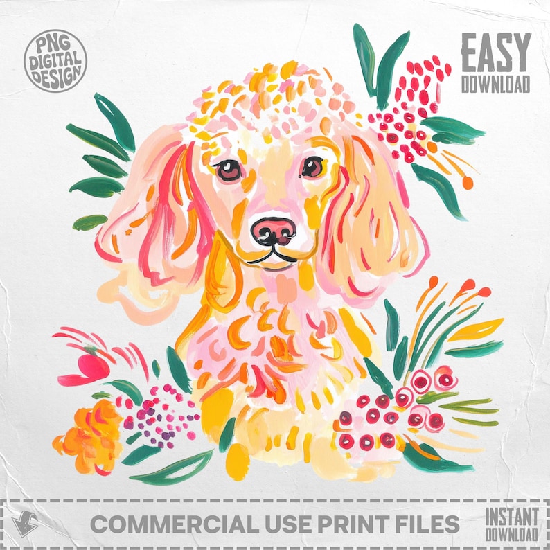 Cute Puppy Illustration Instant Download, Hand Painted Dog Art Print, Floral Puppy Decor, Commercial Use PNG, Easy Digital Download