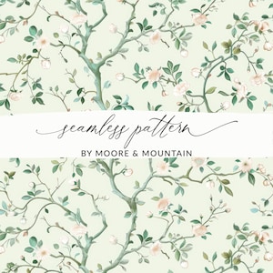 Pastelgroen chinoiserie-achtergrondpatroon, naadloos pastel bloementakkenpatroon, elegante saliegroene achtergrond bruiloft patroon bloemen