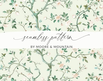 May include: A seamless pattern featuring delicate white flowers and green leaves on a light green background. The pattern is titled "seamless pattern" with the text "BY MOORE & MOUNTAIN" below.