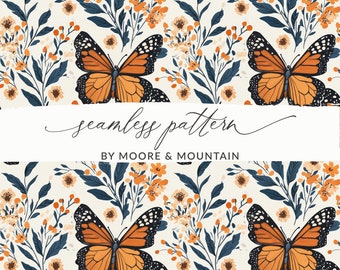 May include: A seamless pattern featuring orange and black butterflies on a cream background with orange and blue floral accents. The text "seamless pattern" and "BY MOORE & MOUNTAIN" is included in the design.