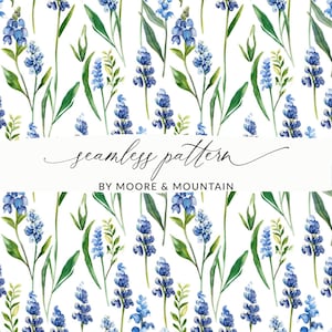 May include: A seamless pattern featuring watercolor illustrations of blue and green wildflowers on a white background. The text "seamless pattern" and "BY MOORE & MOUNTAIN" is included in the image.