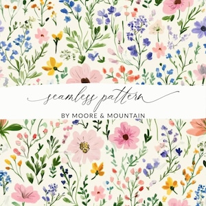 May include: A seamless pattern featuring a variety of colourful flowers on a white background. The flowers include pink, yellow, blue, and red. The text "seamless pattern" and "BY MOORE & MOUNTAIN" is displayed in the centre of the image.