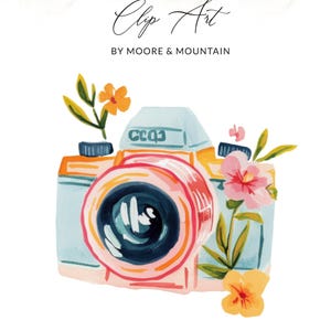 May include: Watercolor illustration of a vintage camera with floral accents. The camera is light blue, orange, and pink, with a black lens. The image includes the text "Clip Art" and "BY MOORE & MOUNTAIN".