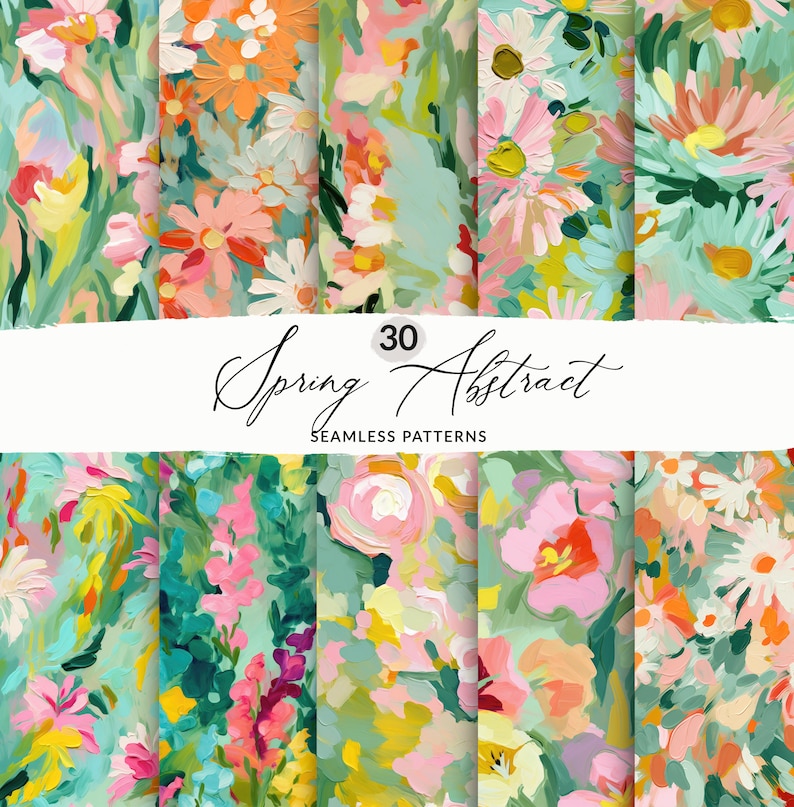 30 Painted Blooms Spring Pattern Set, Seamless Painted Spring Floral ...