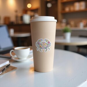 Floral crab sticker on a tan disposable coffee cup in a cafe setting.