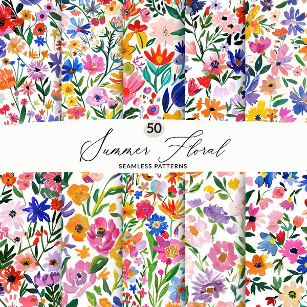 50 Seamless Summer Floral Pattern Set, Seamless Painted Flower Patterns, Bright Spring Watercolor Florals, Modern Floral Patterns, JPEG