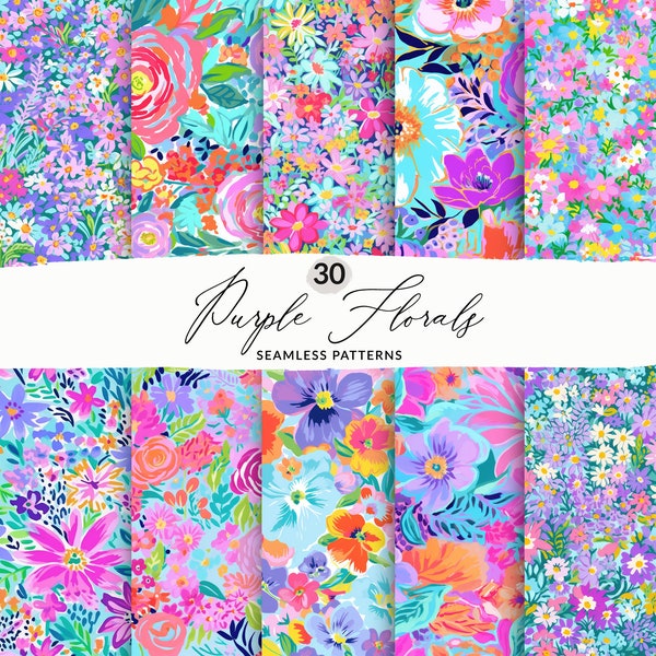 30 Purple Floral Seamless Patterns Purple Flowers, Preppy Spring Flower Patterns, Purple Preppy Patterns, Seamless Neon Purple Florals