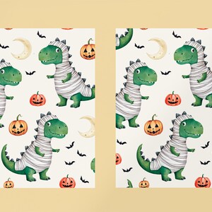 May include: A seamless pattern featuring green and white mummified dinosaurs, orange pumpkins with jack-o'-lantern faces, and white crescent moons on a white background.
