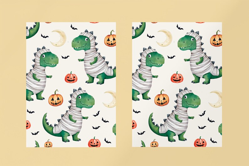 May include: A seamless pattern featuring green and white mummified dinosaurs, orange pumpkins with jack-o'-lantern faces, and white crescent moons on a white background.