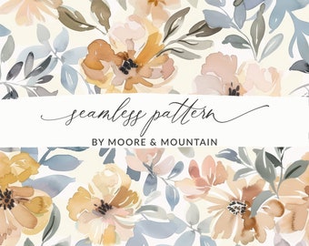 Pastel Fall Floral Pattern Seamless Gentle Watercolor Floral Pattern Gentle Neutral Flowers Seamless Pattern, Boho Autumn Flowers Background